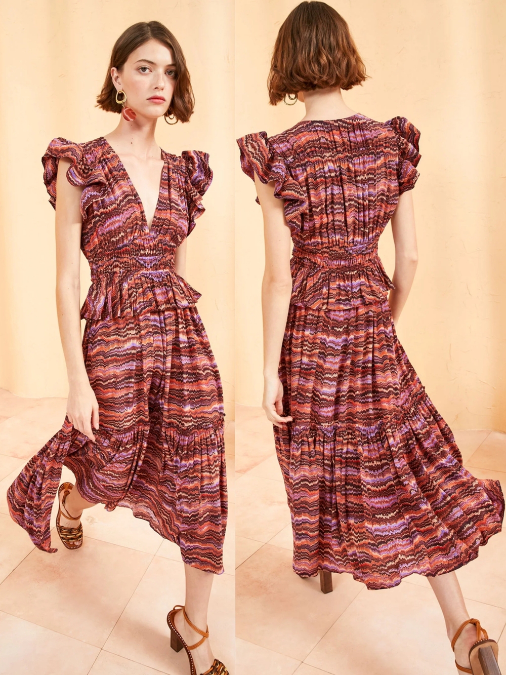 Ulla Johnson Dress 0 Womens Purple Sapphire Ikat Wave Bendetta Silk Ruffle Midi
